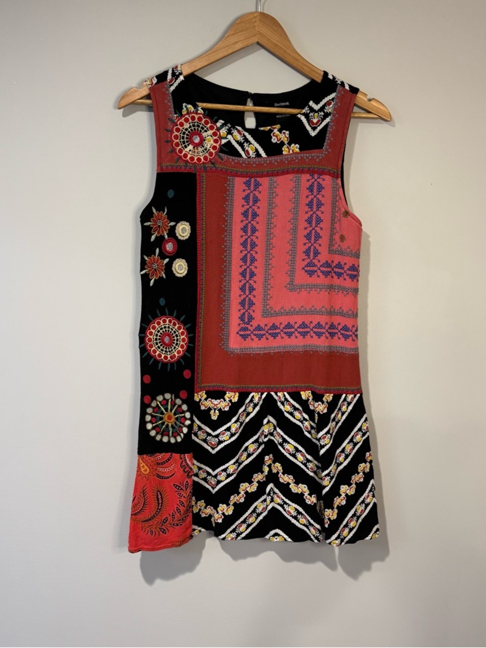 Desigual Women's S Creta Patchwork Sleeveless Embroidered Mini Dress Boho Artsy